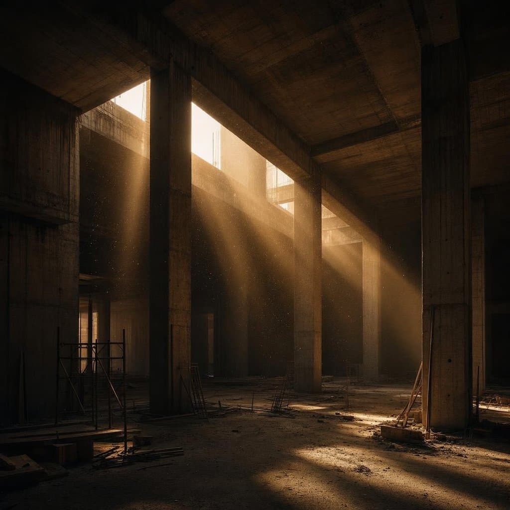 Interior de obra com luz dourada